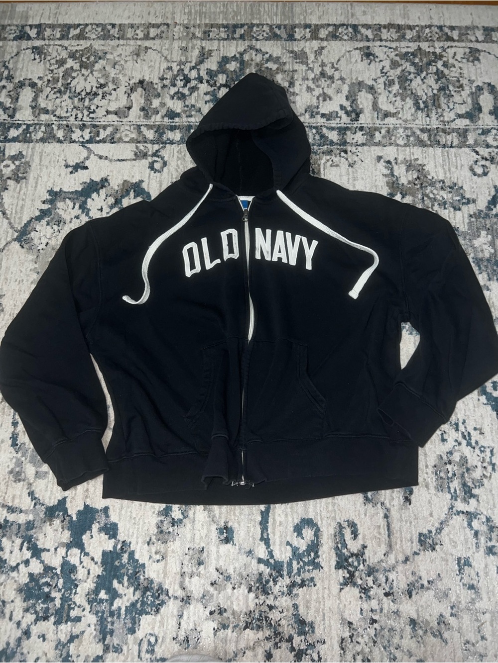 Old Navy Black Hooded Zip-Up Sweatshirt with White Drawstrings